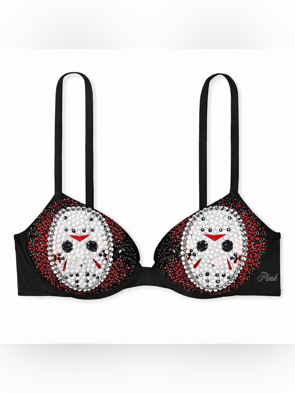 32A Hockey Mask Horror Black Red & White Design Rhinestone Crystal Glam Bra New